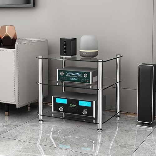 Diodceraic Hi-Fi Rack 1/2/3/4 Ebenen aus Sicherheitsglas - AV Möbel für Verstärker, Plattenspieler, CD-Player & Heimkino - Equipment Ständer mit Regal(Clear Glass,3 Tier) von Diodceraic