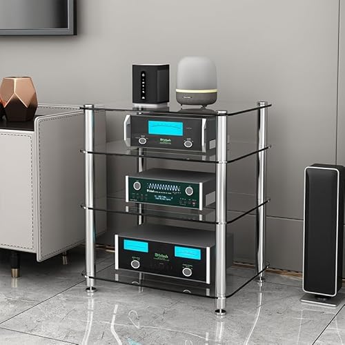 Diodceraic Hi-Fi Rack 1/2/3/4 Ebenen aus Sicherheitsglas - AV Möbel für Verstärker, Plattenspieler, CD-Player & Heimkino - Equipment Ständer mit Regal(Clear Glass,4 Tier) von Diodceraic