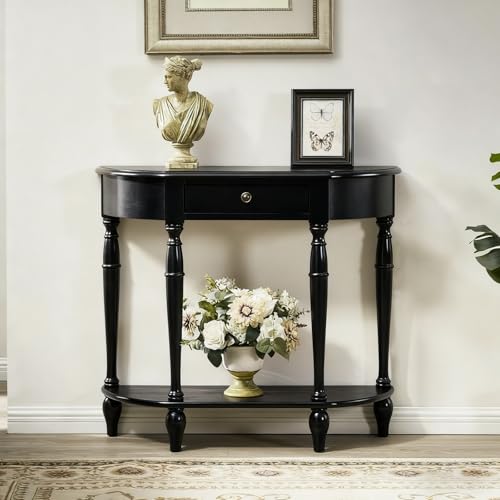Halbmond-Sofatisch mit Drawer und Aufbewahrungslade, Holzkonsole, dekorative Möbeltische im Vintage-Traditionsstil für Wohnzimmer, Eingangsbereich und Flur(Black,80x30x80cm) von Diodceraic
