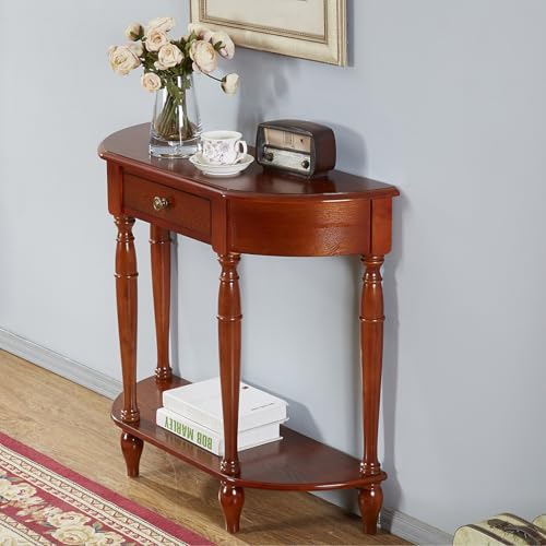 Halbmond-Sofatisch mit Drawer und Aufbewahrungslade, Holzkonsole, dekorative Möbeltische im Vintage-Traditionsstil für Wohnzimmer, Eingangsbereich und Flur(Cherry,80x30x80cm) von Diodceraic