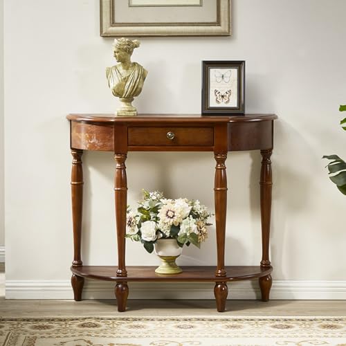 Halbmond-Sofatisch mit Drawer und Aufbewahrungslade, Holzkonsole, dekorative Möbeltische im Vintage-Traditionsstil für Wohnzimmer, Eingangsbereich und Flur(Walnut,110x30x80cm) von Diodceraic