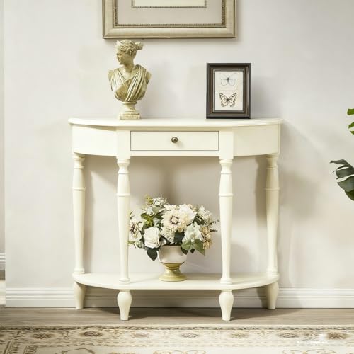 Halbmond-Sofatisch mit Drawer und Aufbewahrungslade, Holzkonsole, dekorative Möbeltische im Vintage-Traditionsstil für Wohnzimmer, Eingangsbereich und Flur(White,110x30x80cm) von Diodceraic