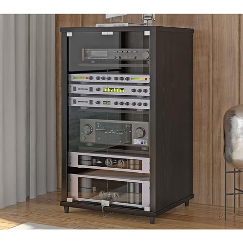 Moderner Medien-Schrank mit Sicherheitsglas-Türen - AV Rack Gaming Konsole Untersatz, Mobiler Audio Video TV Schrank mit Regalen für Wohnzimmer(Black,57x55x100cm) von Diodceraic