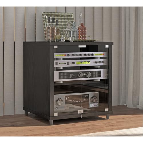 Moderner Medien-Schrank mit Sicherheitsglas-Türen - AV Rack Gaming Konsole Untersatz, Mobiler Audio Video TV Schrank mit Regalen für Wohnzimmer(Black,57x55x60cm) von Diodceraic