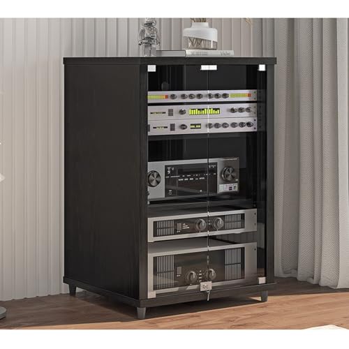 Moderner Medien-Schrank mit Sicherheitsglas-Türen - AV Rack Gaming Konsole Untersatz, Mobiler Audio Video TV Schrank mit Regalen für Wohnzimmer(Black,57x55x80cm) von Diodceraic