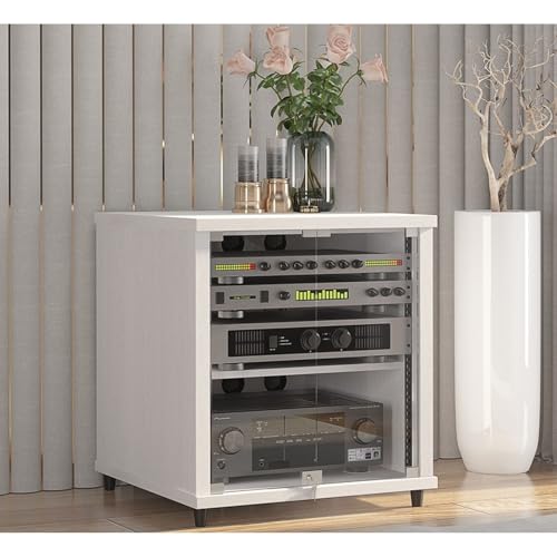 Moderner Medien-Schrank mit Sicherheitsglas-Türen - AV Rack Gaming Konsole Untersatz, Mobiler Audio Video TV Schrank mit Regalen für Wohnzimmer(White,57x55x60cm) von Diodceraic