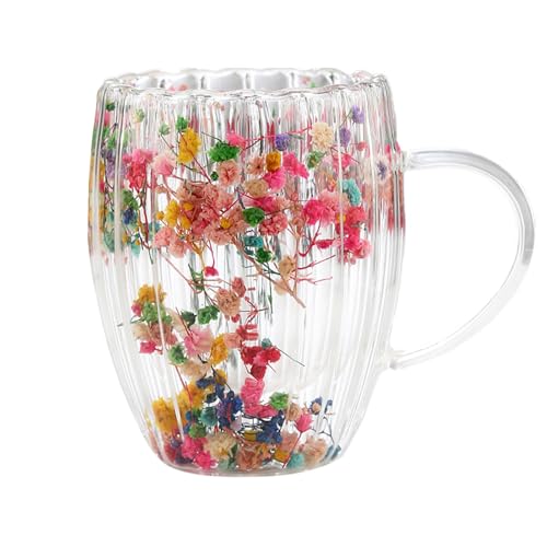 Blumen Doppelschicht Glasbecher, Trockenblumen Doppelglas 300 Ml, Doppelwandige Glasbecher Tasse Mit Getrockneten Blumen, Doppelwandige Transparente Teetassen Für Kalte Und Heiße Getränke von Dioeazh