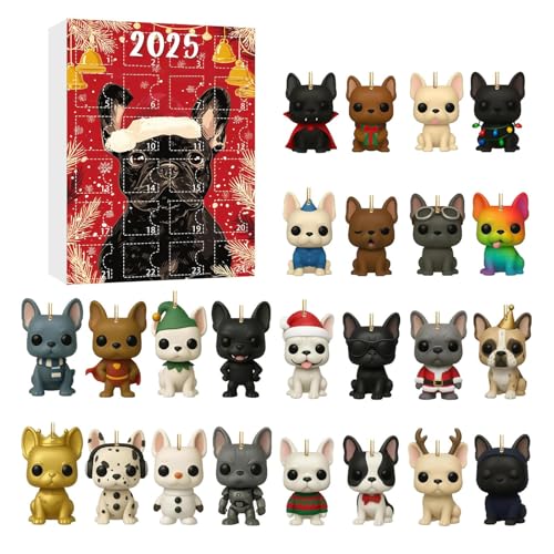 Lustiger Französische Bulldogge Adventskalender 2025, 24-tägiger Countdown Weihnachtskalender Mit 2D Acryl Hundeanhänger Bulldoggen-Christbaumschmuck Für Hundeliebhab von Dioeazh