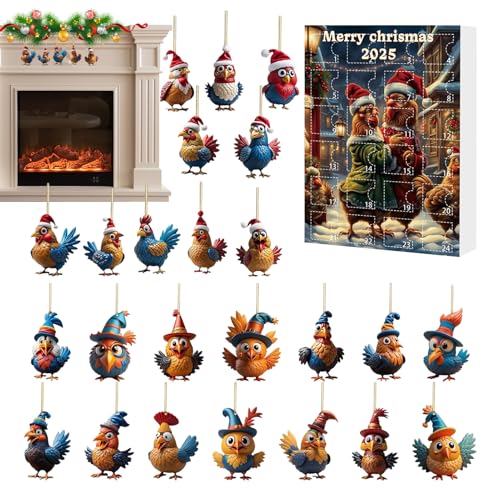 Weihnachten Huhn Adventskalender 2025, 24 Tage Weihnachts Hängende Ornamente Countdown Kalender Mit 2D Acryl Hühneranhänger Mit Weihnachtsmützen Für Home Party Weihnachten Huhn Adventskalender 2025, 24 Tage Weihnachts Hängende Ornamente Countdown Kalender Mit 2D Acryl Hühneranhänger Mit Weihnachtsmützen Für Home Party von Dioeazh