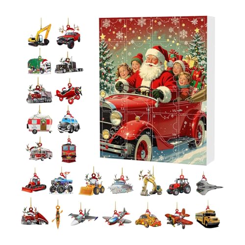 Weihnachtsauto -Adventskalender 2025, 24 Tage Countdown -Kalender mit 24 2d Acryl niedlicher Auto- und Flugzeuganhänger, für Home Event Party Rucksack Auto von Dioeazh