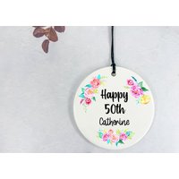 50Th Birthday Gift/Floral Keramik Kreis Personalisierte Nachricht Auf Der Rückseite von DiosDesigns