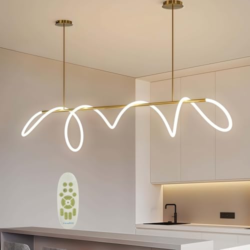 Diossad Led Pendelleuchten Esstisch Dimmbar,Pendant Light Fixtures Mit Fernbedienung,Moderne Linear Design HäNgeleuchte,Esstischlampe HäNgend HöHenverstellbar FüR küche (Golden, L 200cm) von Diossad