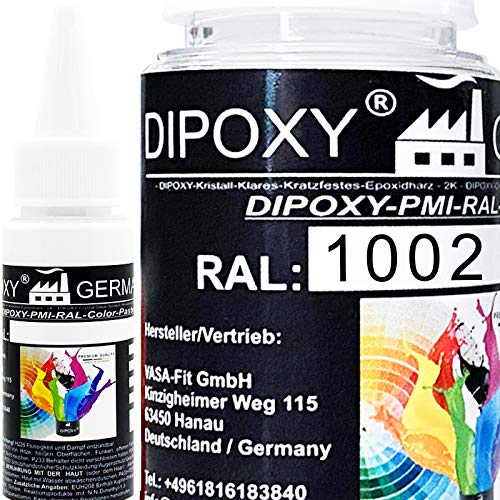 25g Dipoxy-PMI-RAL 1002 SANDGELB Extrem hoch konzentrierte Basis Pigment Farbpaste Farbmittel für Epoxidharz, Polyesterharz, Polyurethan Systeme, Beton, Lacke, Flüssigfarbe Kunstharz Schmuck von Dipoxy