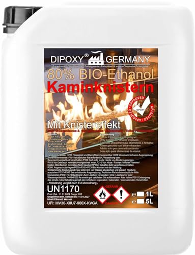 Bioethanol, Ethanol 80% Premium 5L - mit Kaminknister-Effekt, Bio-Ethanol für Dekofeuer, Tischkamin, Kamin & Gartendeko-Feuer für Innen und Außen - Rauch- und Rußfrei von Dipoxy