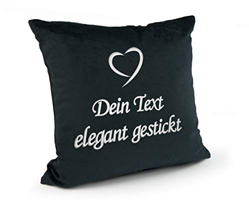 Direkt-Stick.de Kissen mit Namen Bestickt, Dekokissen 40x40 mit Füllung, Kuschelkissen PERSONALISIERT mit Stickerei und Herz gestickt, Kuschelkissen plüsch Geschenk, Geschenkidee (schwarz) von Direkt-Stick.de