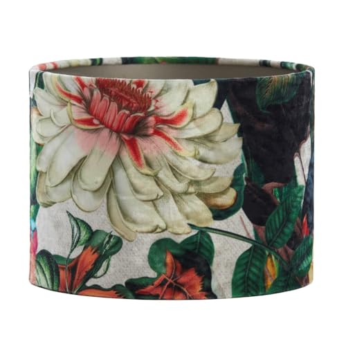 Lampenschirm Zylinder in Velours mit Dahlien Grün Orange 30-30-21cm von Dirk Davids Leuchten GmbH