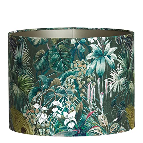 Lampenschirm Zylinder in Velours mit Floralen Motiven in Grün für Tischleuchte Tischlampe 20-20-15 von Dirk Davids Leuchten GmbH
