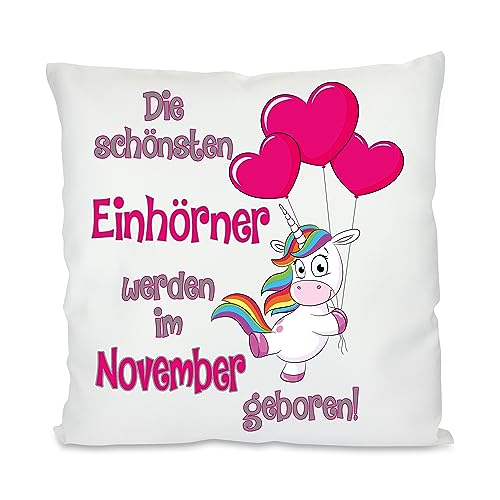 Lieblingsmensch Kissen mit Motiv Modell: Die Schönsten Einhörner-November, Stoff, Weiß, 45 x 45 x 10 cm von Herzbotschaft