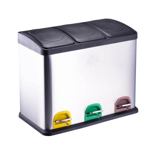 Dirt Devil Tretmülleimer 3 x 15L - Mülltrennsystem mit 3 Fächer - Abfalleimer Küche - Mülleimer mit Soft Close Deckel - 59 x 30 x 47.5 CM - Treteimer aus Edelstahl - Silber von Dirt Devil