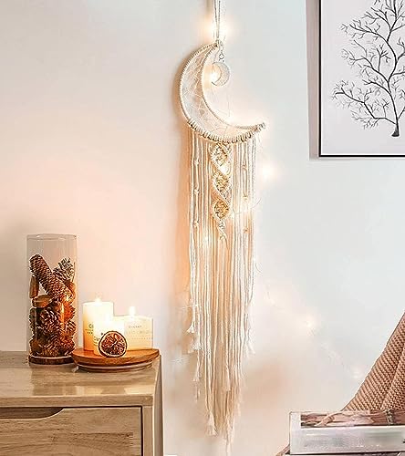 Makramee Wandbehang Mond, Disdarkday Traumfänger mit LED Licht Handgefertigt Gewebte Dreamcatcher Boho, Ramadan Deko boho deko Chic Ramadan Decor Geschenke Apartment Schlafsaal wand deko von Disdarkday