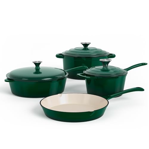 DishDelight Emailliertes Gusseisen-Kochgeschirr-Set, 7-teiliges Set Dutch Oven Saucenpfanne, Bratpfanne, 3 Deckel, Keramikbeschichtetes Gusseisen-Dutch Oven Set, runder Dutch Oven Topf für von DishDelight