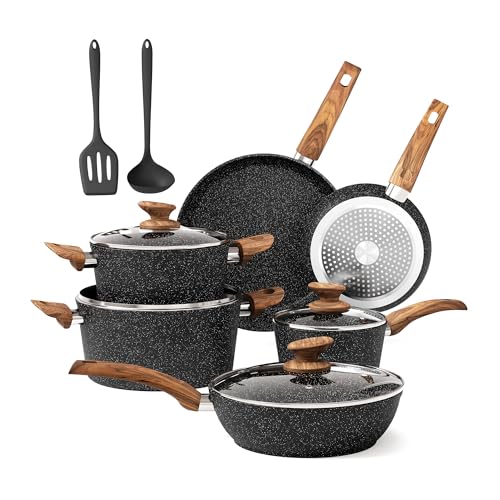 DishDelight Induktion Nonstick Töpfe und Pfannen Set, 12 Stück Küche Kochgeschirr Sets, Nonstick Granit Bratpfannen-Set, Schwarz von DishDelight