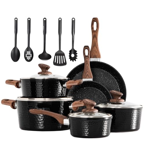 DishDelight Induktion Topfset 15-teiliges Kochgeschirr-Set mit Granitbeschichtung und Glasdeckeln, Induktionsgeeignet, Antihaft Aluminium Töpfe und Pfannen in Schwarz von DishDelight