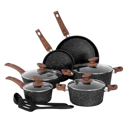 DishDelight Induktions Töpfe Set mit Deckel 12-teiliges Antihaft-Kochgeschirr-Set mit Induktionsgeeigneten Topfen und Pfannen, Schwarz von DishDelight