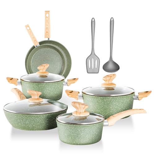 Topfset und Pfannen Set, DishDelight 12 Stück Kochgeschirr-Sets Antihaft mit Deckel, Induktion Pfannen Set mit Aluminium für Gasherd und Mikrowelle, Grün von DishDelight