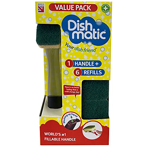 Dishmatic Vorteilspack-Set – 1 x nachfüllbarer Spülmittel-Spendergriff mit 6 austauschbaren Allzweck-Schwammköpfen – antibakterieller Küchenspülgriff mit Easy-Grip-Griff von Dishmatic