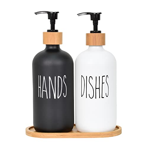 2 Stück Glas Seifenspender,Lotionspender Glas Set mit Tablett,Shampoo Lotion Handseifenspender,Nachfüllbarer Wandseifenspender für Abwaschen Flüssige Handseife Duschgel | 475ml (Schwarz/Weiß) von Disnace