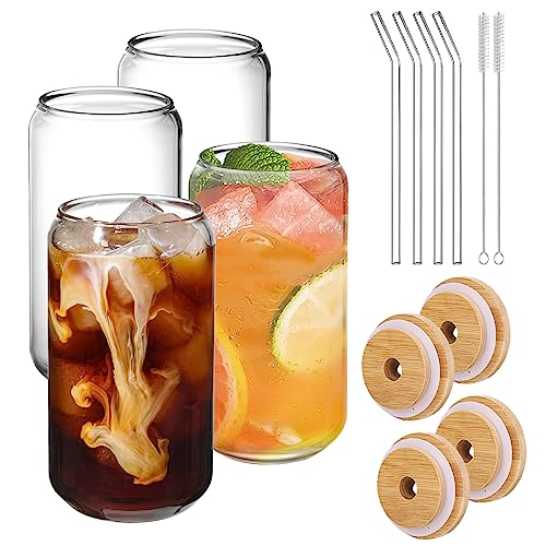 Disnace 4-Teiliges Set Einmachglas Mit Bambusdeckel Und Strohhalm, Breite Öffnung Einmachglas Iced Coffee Glas, Trinkgläser Kann Bierkrug Fruchtsaftbecher, Mason Glas Tumbler Cup Bubble Tea Becher von Disnace