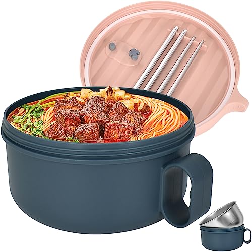 Japanische Schüssel mit Deckel, 1200ML Ramen Schüssel Suppenschüssel aus Kunststoff und Abnehmbarer Edelstahl-Liner, Ramen Bowl Salatbehälter To Go mit Essstäbchen, Japanisches Geschirr (Rosa blau) von Disnace