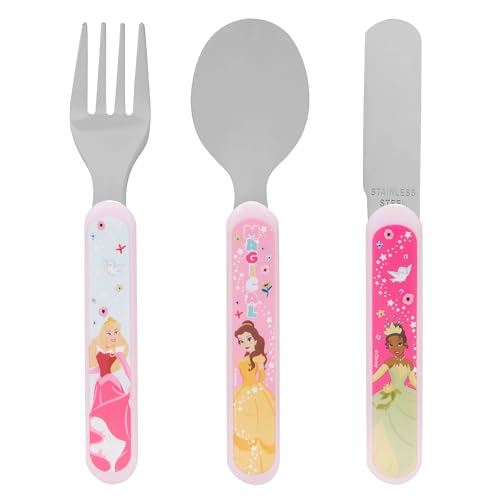 Disney Princess 3-teiliges Besteckset - Metall, wiederverwendbares Kindermesser, Gabel & Löffel, Kindergröße, aus lebensmittelechtem Edelstahl & ABS-Kunststoff - mit Belle, Tiana & Aurora - ab 12 von Disney Princess