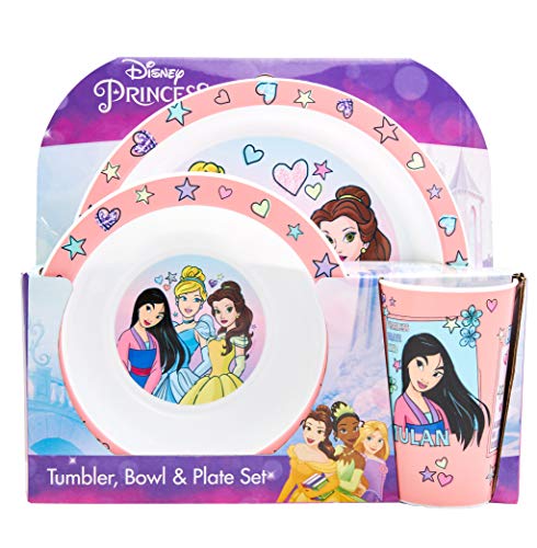 Disney Princess Kids Geschirrset - 3-teiliges wiederverwendbares PP Teller, Schüssel & Becher Set für Kinder - Cinderella Mulan Belle Tumbler & Geschirrset für Mahlzeiten - ab 24 Monaten von Disney Princess