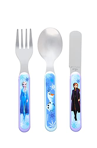 Disney II Frozen 3-teiliges Besteckset - Metall, wiederverwendbares Kindermesser, Gabel & Löffel, Kindergröße, aus lebensmittelechtem Edelstahl & ABS-Kunststoff - mit Elsa, Anna & Olaf - ab 12 von Disney