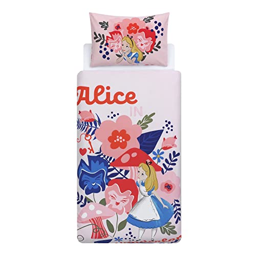 Disney Home Alice im Wunderland Wende-Bettbezug-Set, 100 % Baumwolle, Einzelbettgröße, 2-teilig, 135 x 200 cm + 50 x 70 cm von Disney