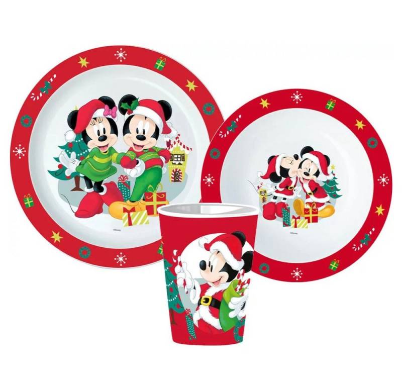 Disney Kindergeschirr-Set Disney Minnie Mickey Mouse Weihnachten Geschirr-Set 3tlg (3-tlg), 1 Personen, Kuststoff, Becher Teller Schüssel von Disney