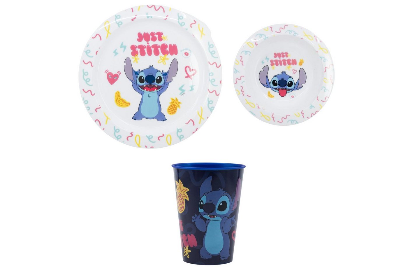 Disney Kindergeschirr-Set Disney Stitch Kinder Geschirr-Set 3 teilig (3-tlg), 1 Personen, Kuststoff, Becher Teller Schüssel Frühstücksset von Disney
