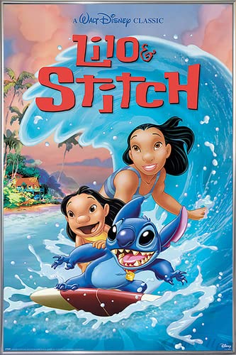 Disney Lilo & Stitch Poster Wave Surf (93x62 cm) gerahmt in: Rahmen Silber von Disney