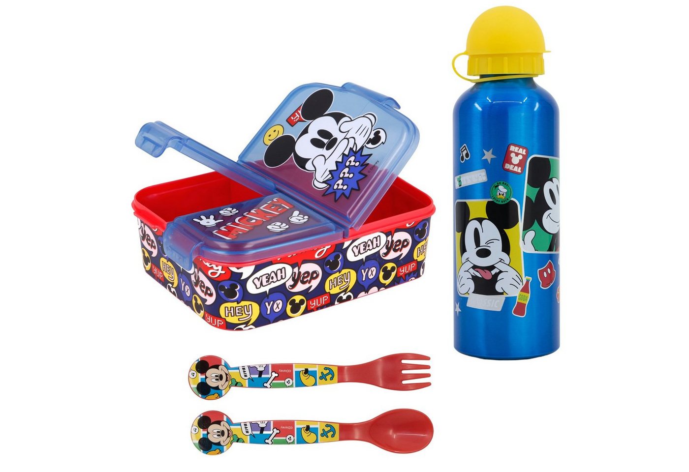 Disney Lunchbox Disney Mickey Maus 4 teiliges Lunch Set, (4-tlg), Brotdose XL Alu-Trinkflasche 530 ml Besteck von Disney