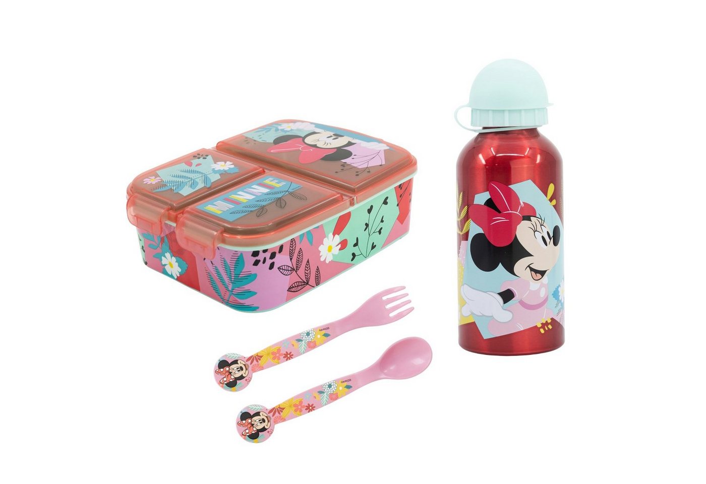 Disney Lunchbox Disney Minnie Maus 4 teiliges Lunch Set, Kunststoff Alu, (4-tlg), Brotdose Alu-Trinkflasche - Löffel Gabel von Disney