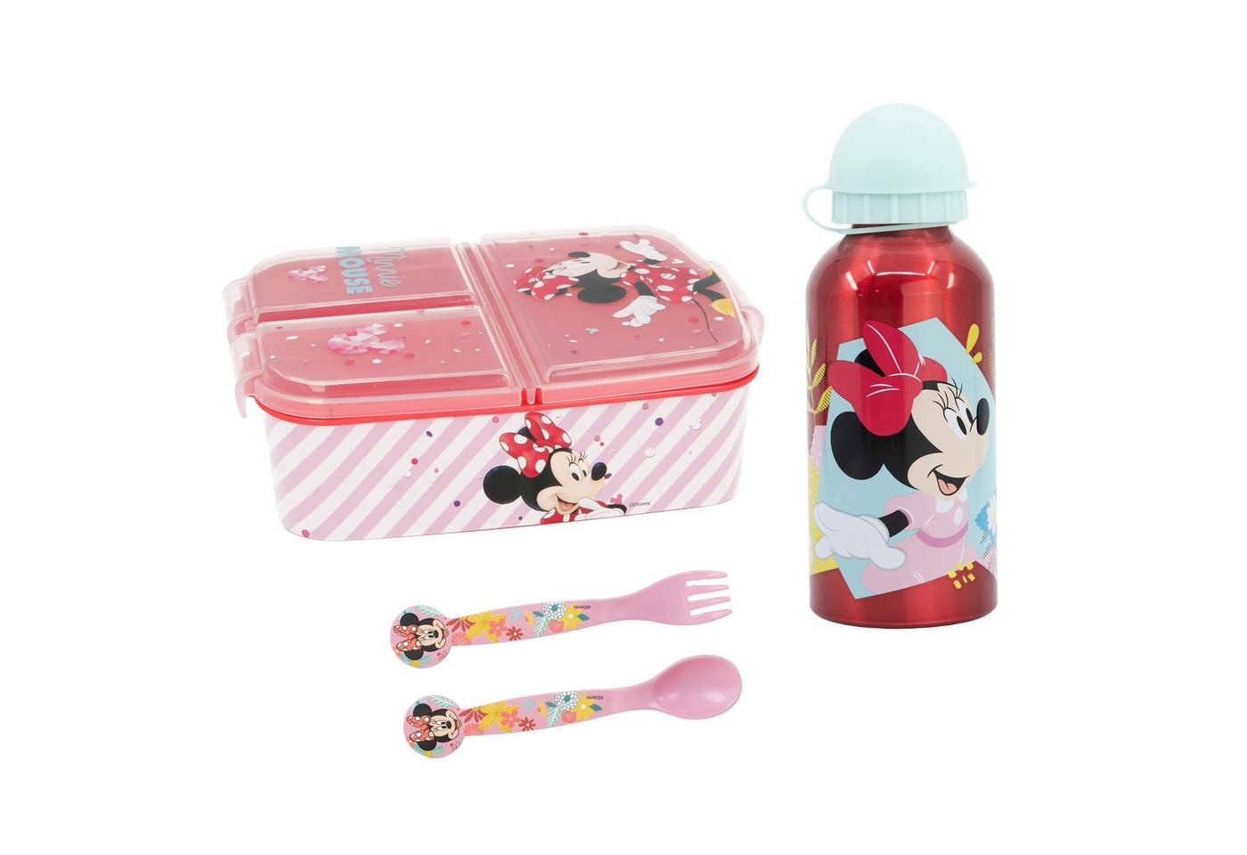 Disney Lunchbox Disney Minnie Maus 4 teiliges Lunch Set, Kunststoff Alu, (4-tlg), Brotdose Alu-Trinkflasche - Löffel Gabel von Disney