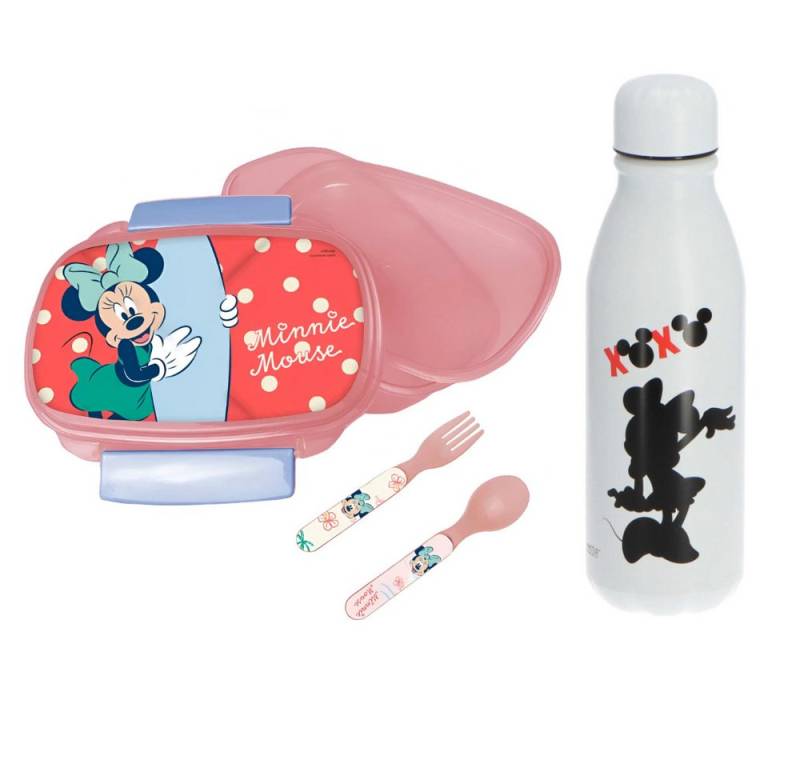 Disney Lunchbox Disney Minnie Maus 4 teiliges Lunch Set, Kunststoff Alu, (4-tlg), Brotdose Alu-Trinkflasche - Löffel Gabel von Disney