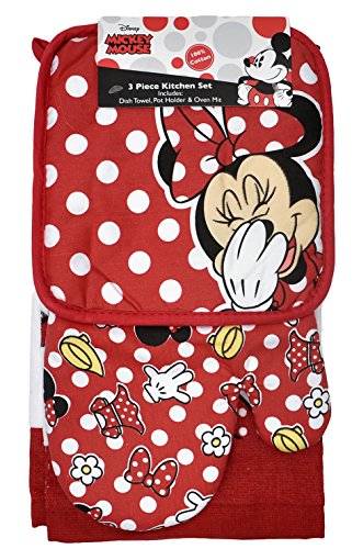 Disney Oven Mitt Pot Holder & Dish Towel 3 pc Kitchen Set (Minnie Mouse Red) von Disney