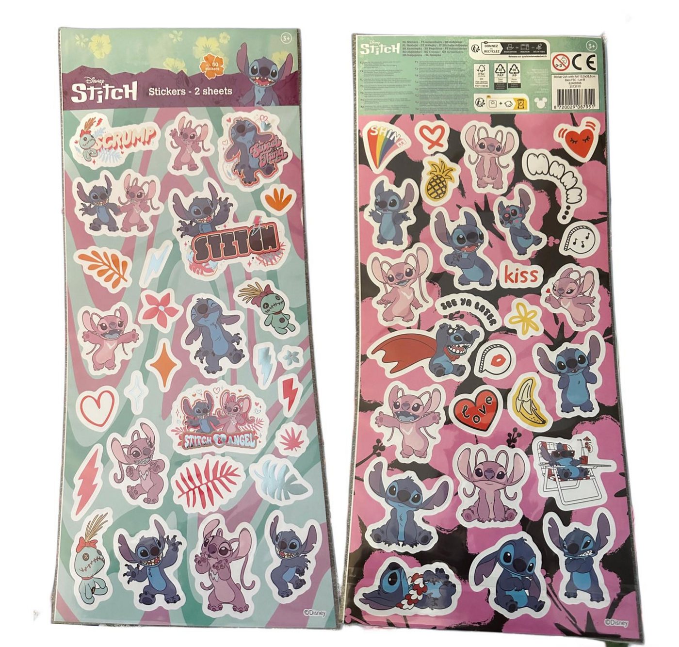 Disney Sticker Lilo&Stitch Aufkleber 2 Bögen über 50 Sticker Klebebilder grün pink, (Set 2-tlg), mit Angel, Stitch, Schrulle und seine Freunde von Disney