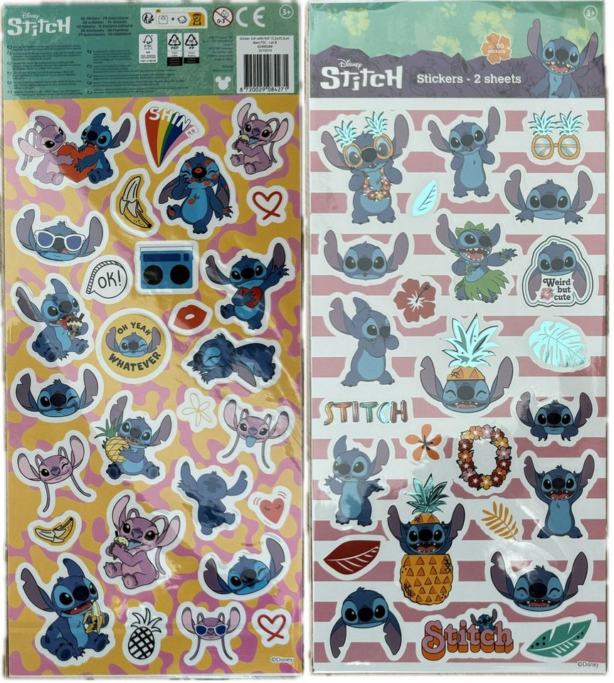 Disney Sticker Lilo&Stitch Aufkleber 2 Bögen über 50 Sticker Klebebilder pink gelb, (Set 2-tlg), mit Angel, Stitch, Schrulle und seine Freunde von Disney