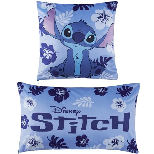 Disney Stitch Kissenbezug Set Flower Pillow Mädchen und Frauen, Kissenbezug Rosa oder Blau 2er Set 50 x 30 cm & 35 x 35 cm - Stitch Sachen (Blau Stitch) von Disney