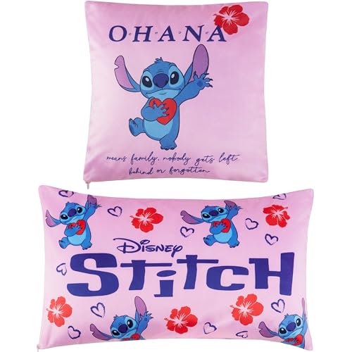 Disney Stitch Kissenbezug Set Flower Pillow Mädchen und Frauen, Kissenbezug Rosa oder Blau 2er Set 50 x 30 cm & 35 x 35 cm - Stitch Sachen (Rosa Stitch) von Disney