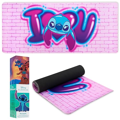 Disney Stitch Schreibtischunterlage XXL - Baby Yoda Gaming Schreibtisch Zubehör 800x360mm - Anti-Rutsch, Bürobedarf PC Laptop Zubehör Unterlage Matte Gaming Desk Mat Büro Deko (Rosa Stitch) von Disney